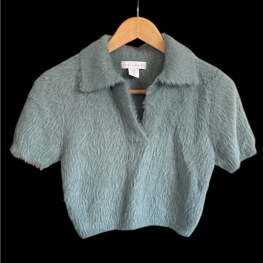 House of Harlow 1960 Women's Light Blue Fuzzy Collar Cropped Sweater Size XS